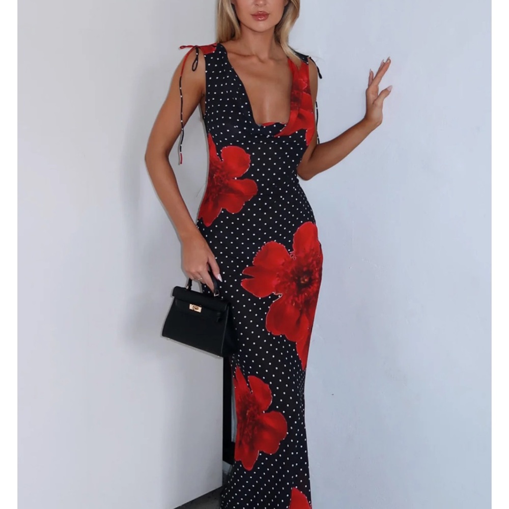 White Fox Black and Red Floral Polka Dot Maxi Dress